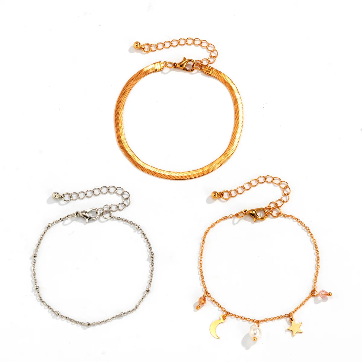 
Hot Style Pearl Flat Snake Bone Jewelry Simple Fashion Mixed Color Star-moon Hanging Ta-g Bracelet Female 