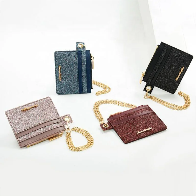 
Wholesale Mini Shiny Zipper Keychain Strap Portable Laser PU Leather Wallet Ladies Waterproof keychain card wallets for women 