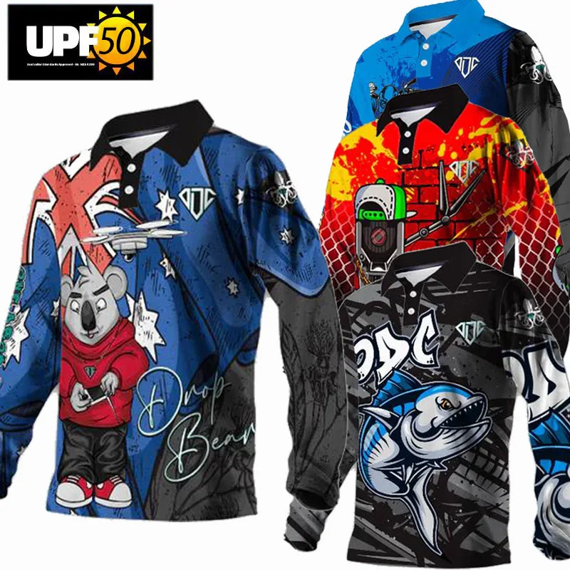 UPF 50 Custom Fishing Shirts Australia Long Sleeve Men Ladies Boys Kids Sublimated Fishing Jersey Clothes Button Up Fishing Polo