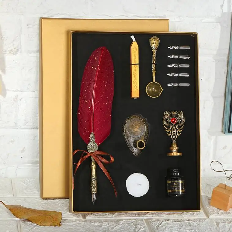 Feather Calligraphy Pen Set Includes 5 Nibs Sealing Stamp, Wax Seal Strips, Wood Handle Spoon Etc