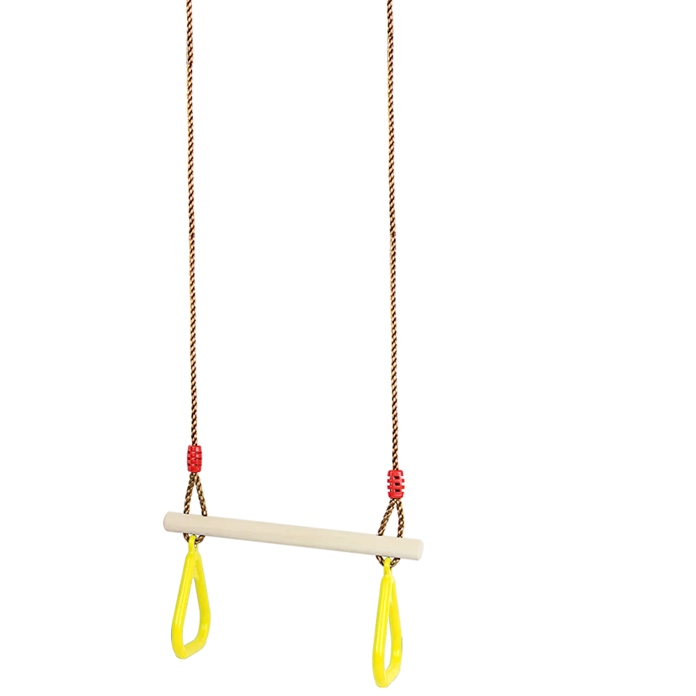 Kids Wooden Trapeze tree hanging Swing monkey Bar Swing with Plastic Gym Rings for backyard outdoor