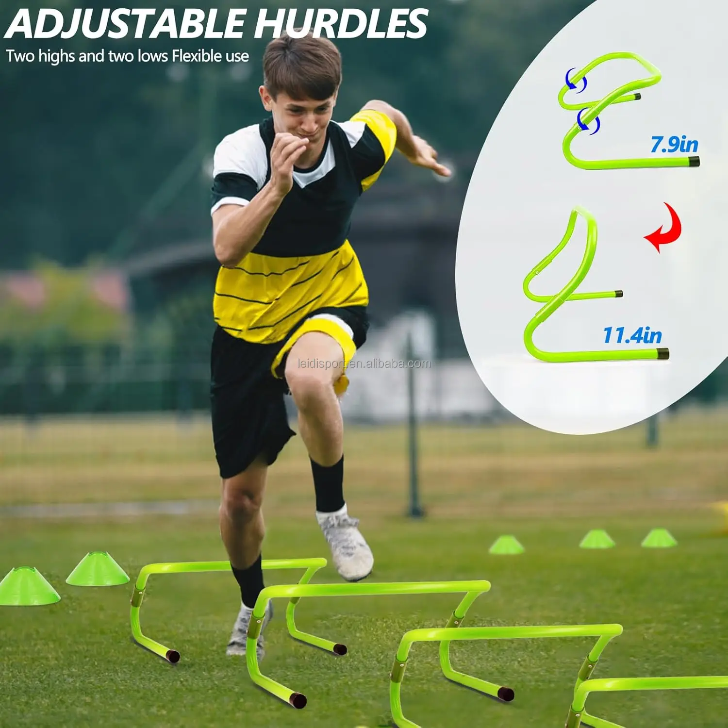 The agile training equipment includes a 20 foot agile ladder and four adjustable agile obstacle soccer cone parachutes,
