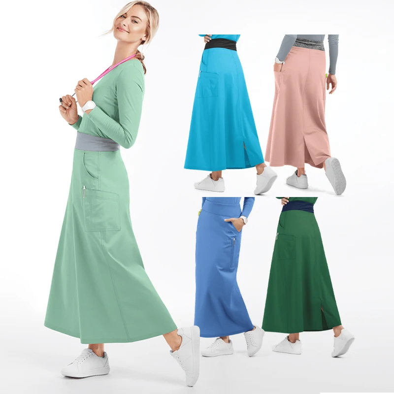 Newest Contrast Color Women Black Nursing Uniform Long Dovetail Dress Scrub Skirts Set breathable Medico Scrubs Skirt For Nurse