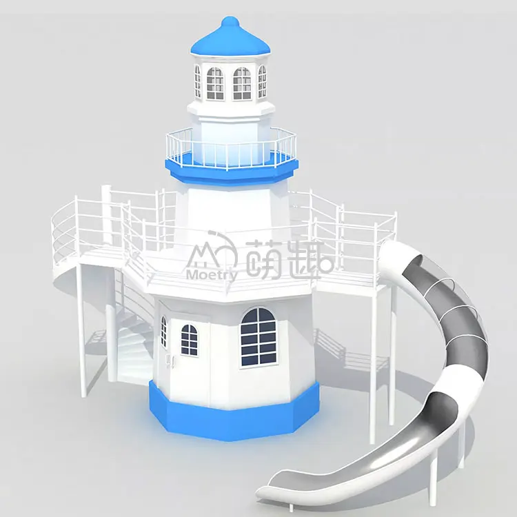 Moetry Wooden Lighthouse Tower Playground with Metal Slide Commercial Outdoor Play Equipment for Urban Park Beach Theme Parque