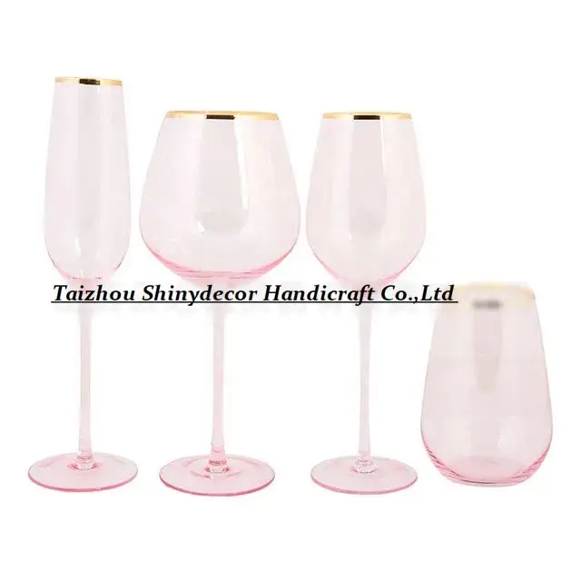 SJB021 New Pink color gold rimmed sparking crystal wine glass cups set for bars restaurants