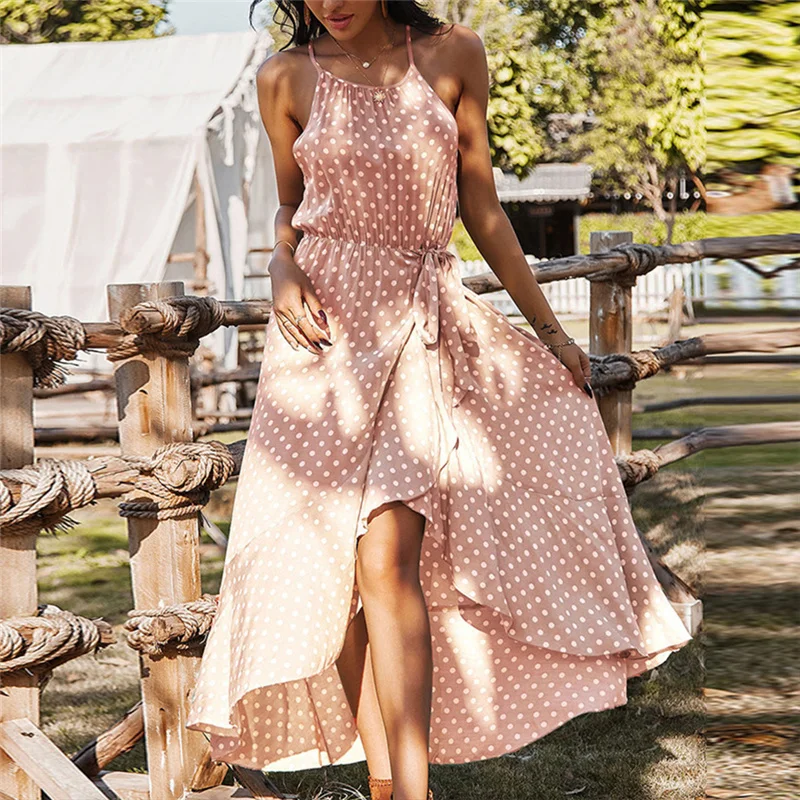 2021 Latest Halter Neck Summer Beach Dresses Wholesale Polka Dot Rayon Dress Maxi Casual Dress Women Clothing 21-0253-1