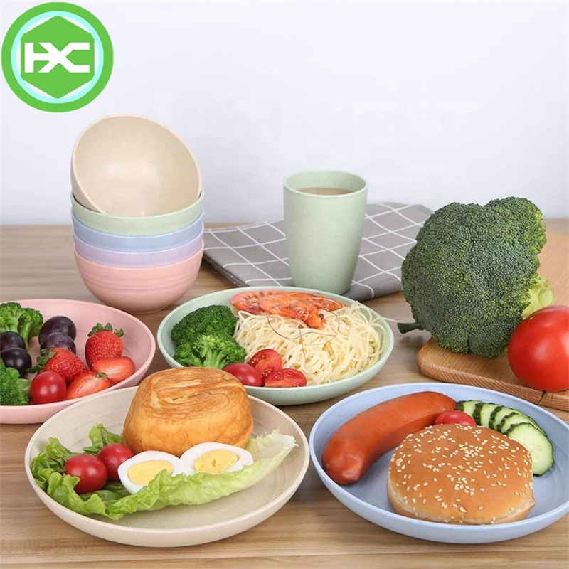 Wholesale Wheat Straw Kids Dinner Set Tableware Degradable Plates Cup Tableware Set Wheat Straw Cutlery Dinnerware Set