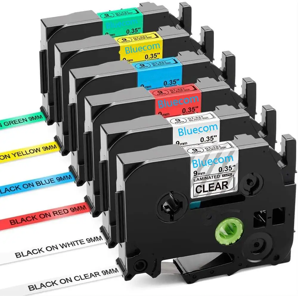 Bluecom Free Sample 9mm *8m Compatible For Brother TZ Series Tze121 Tze221 tz421 tz521 tz621tz721 Black On White Label Cassette