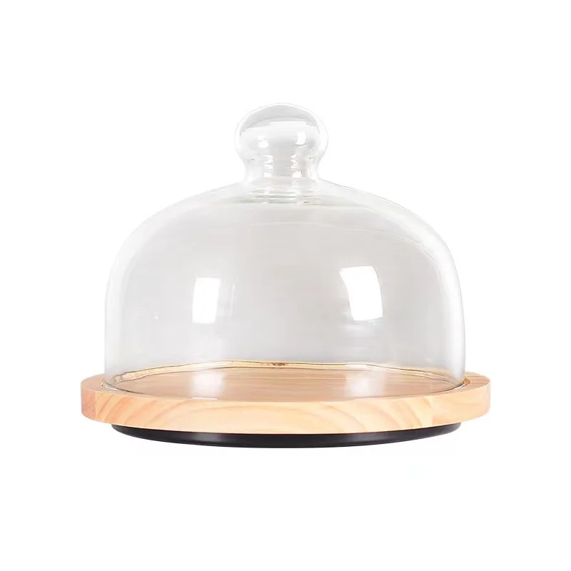 Diyue Stock 6 8 10 Inch Rubber Wood Wedding Cake Display Acacia Wood Round Wood Server Cake Stand Lazy Susan with Glass Dome