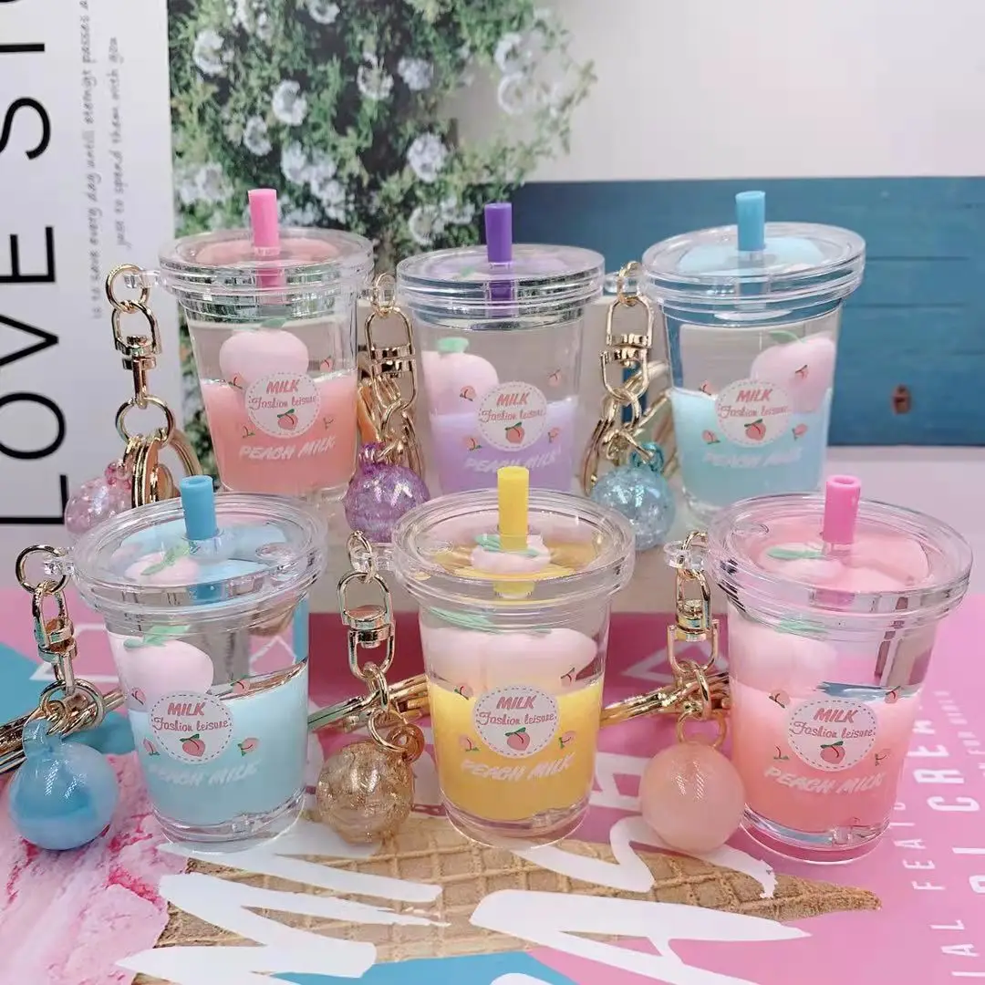 Cute Mini Bucket Lazy Doll Keychain Liquid Drift Bottle Luxury Acrylic Key Chain Car Key Holder Women Bag Pendant Jewelry Gifts
