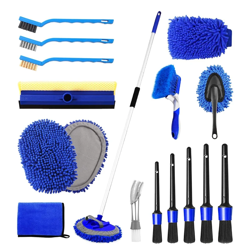 Factory Supply Quality Blue Multi Use Cars RV Truck Care and Wash Brushes Kit with Mitt Mop Sponge and Wheel Tire Brush
