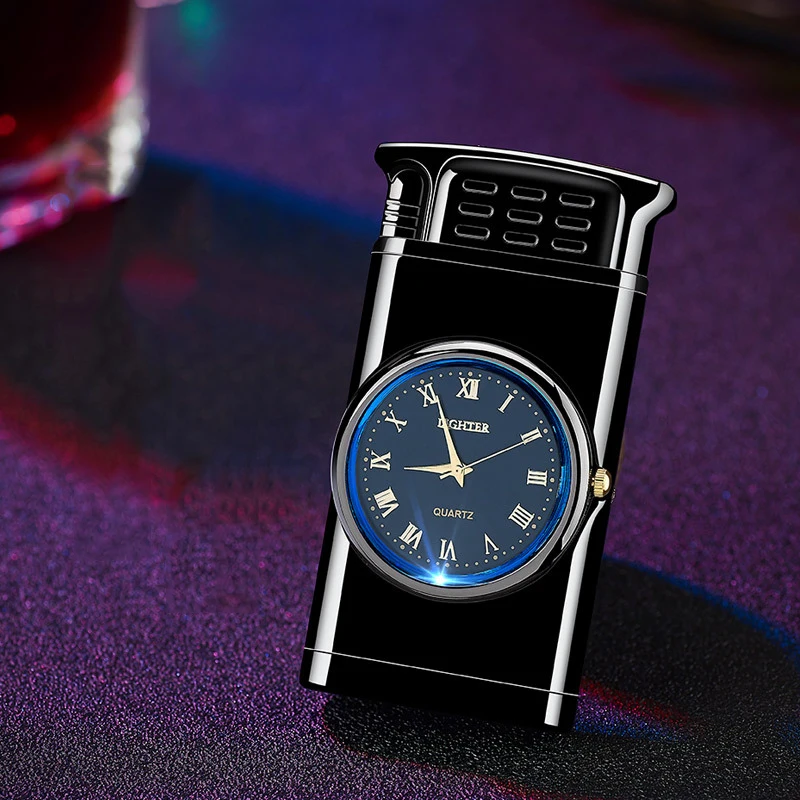 Fashion Design Blue Flame Lighter with Lighting Function Quartz Watch Dial Portable Commercial Cigarette Lighter for Gift