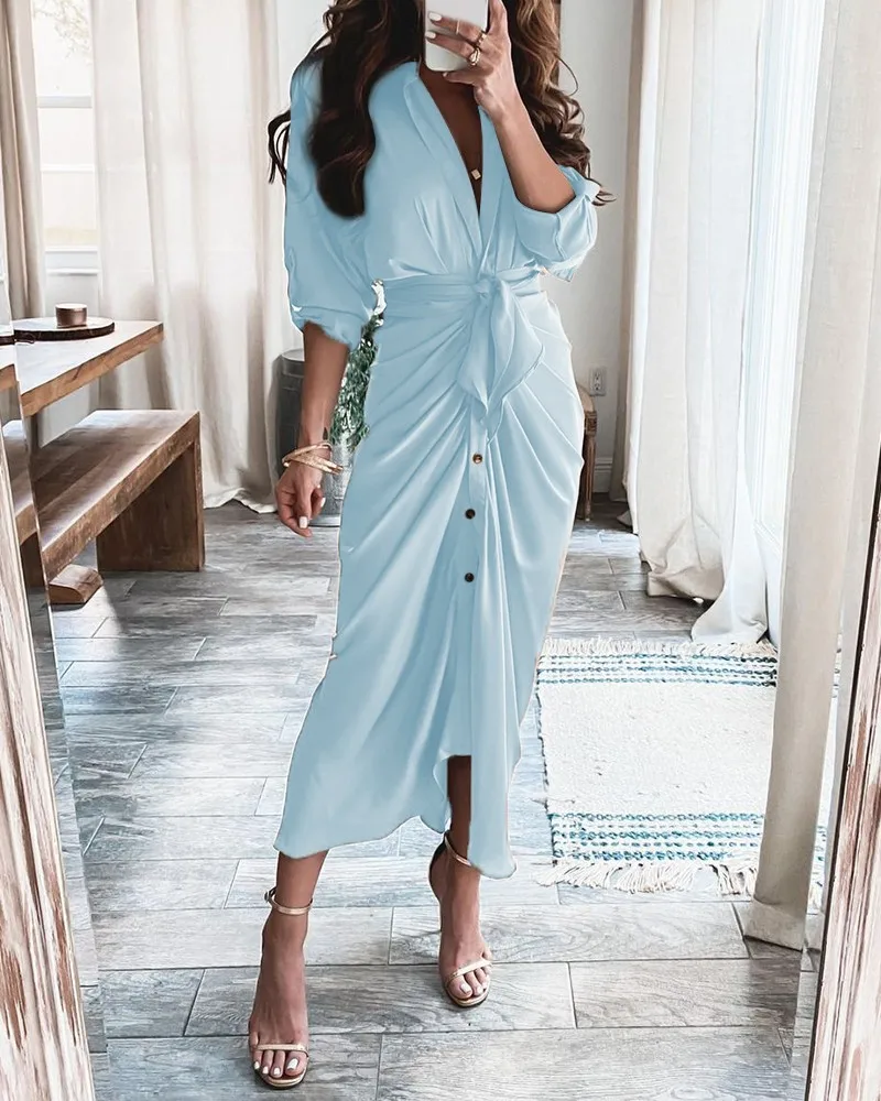 Spring Autumn Summer New Women Button Long Casual Dress Floral Printed Shirt Maxi Dress