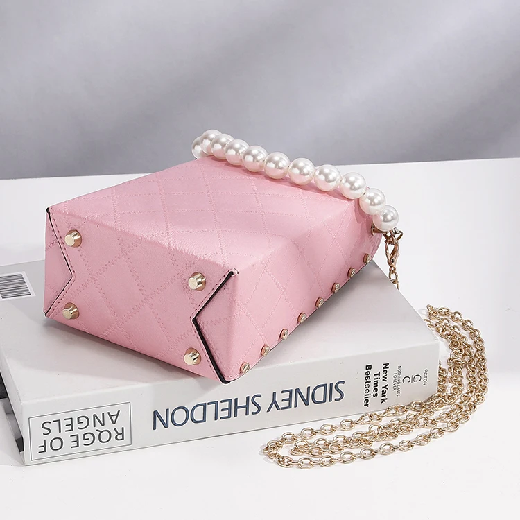 Handle Classic Diamond Sewing Crossbody Single Strap Shoulder Bag Mobile Phone Pearl Pu Leather for Girls Factory Pink Polyester