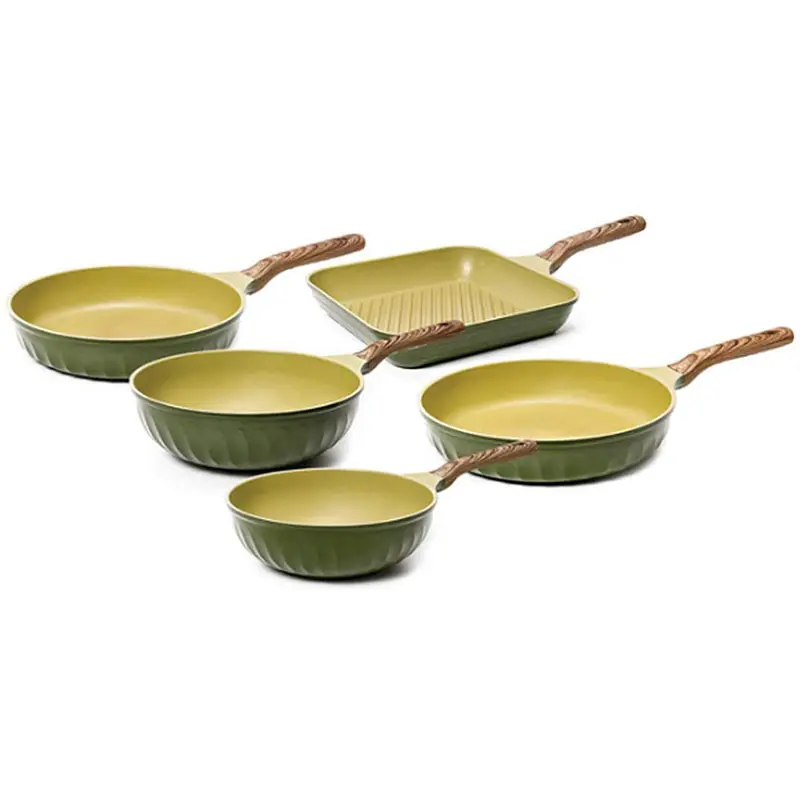 
Korean Die-casting Aluminum Olive Green Wok and Square Frypan Nonstick Cookware Sets 