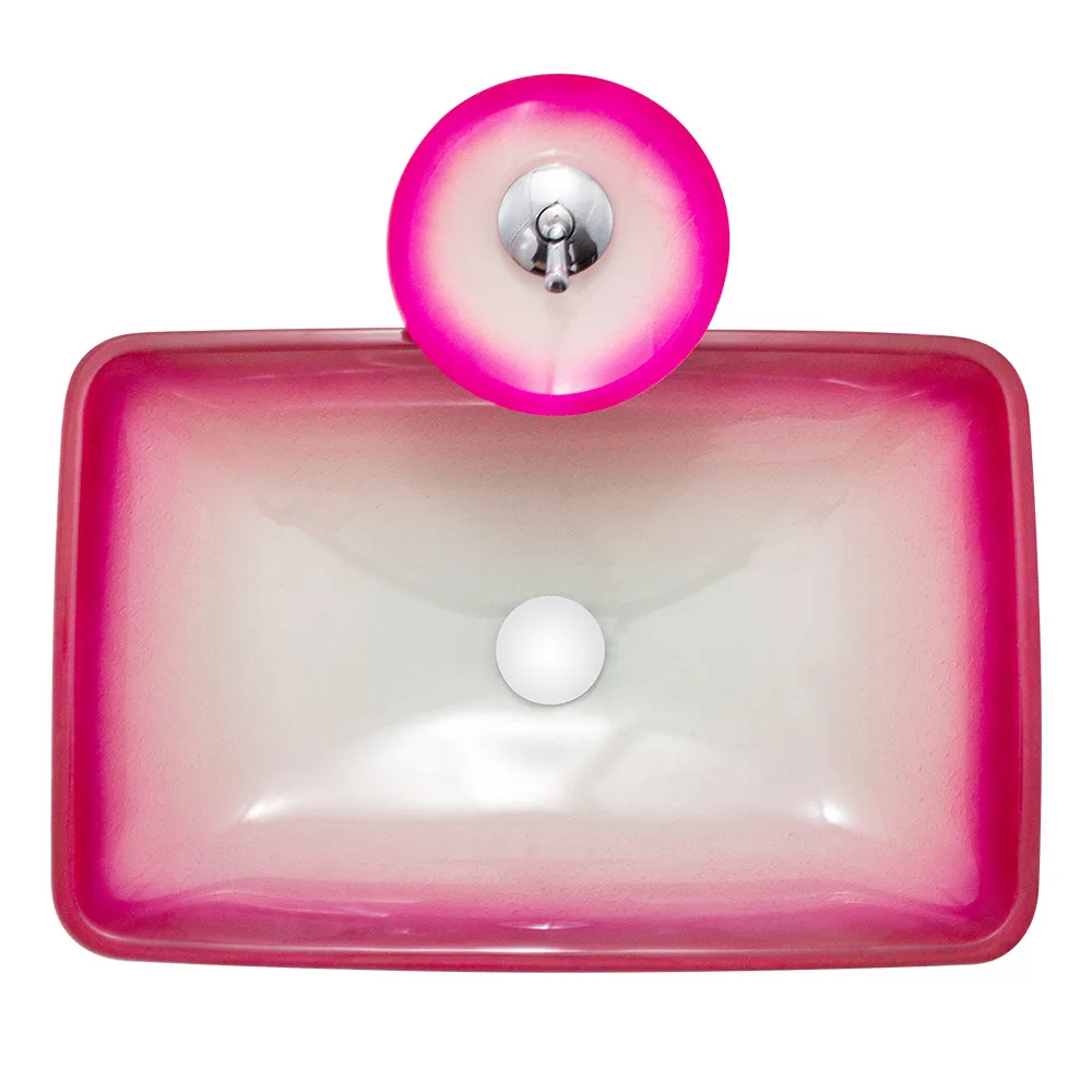 China manufacturer wholesale romantic pink rectangular tempered glass bathroom wash basin vessel sink with waterfall faucet