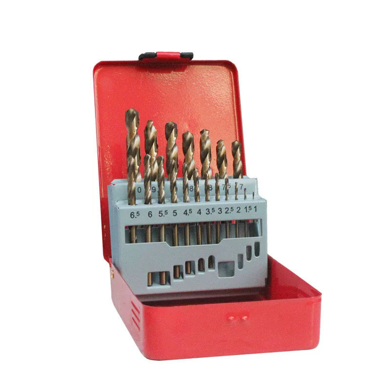 Professional M35 19PCS HSS Roast yellow cobalt twist drill bit For Drilling Steel With 1-6.5MM Bits In Metal Box