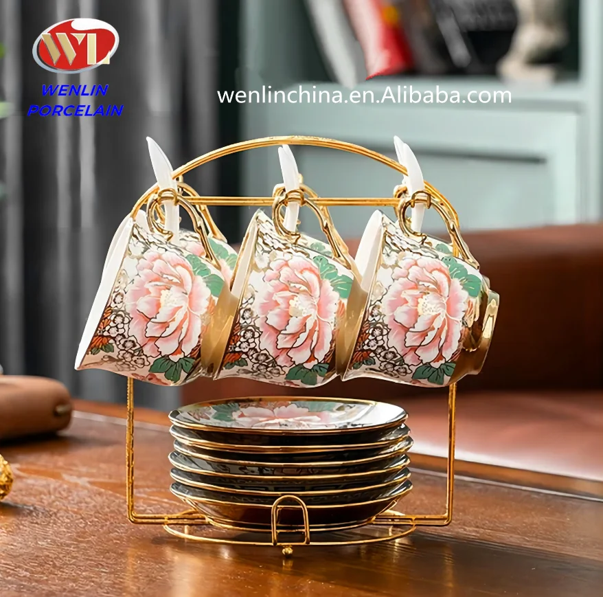 13pcs Coffee  and Tea Set with Mental Stand Wholesale High Quality Arabia Golden Cup and Saucer Turkish Ethiopian Tea Set Mug