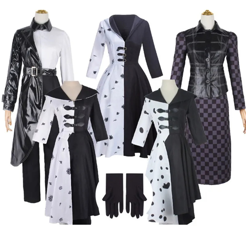 New Movie Evil Madame Cruella De Vil Costume Women Cosplay Gown Black White Maid Dress Halloween Party Fancy Dress Wig