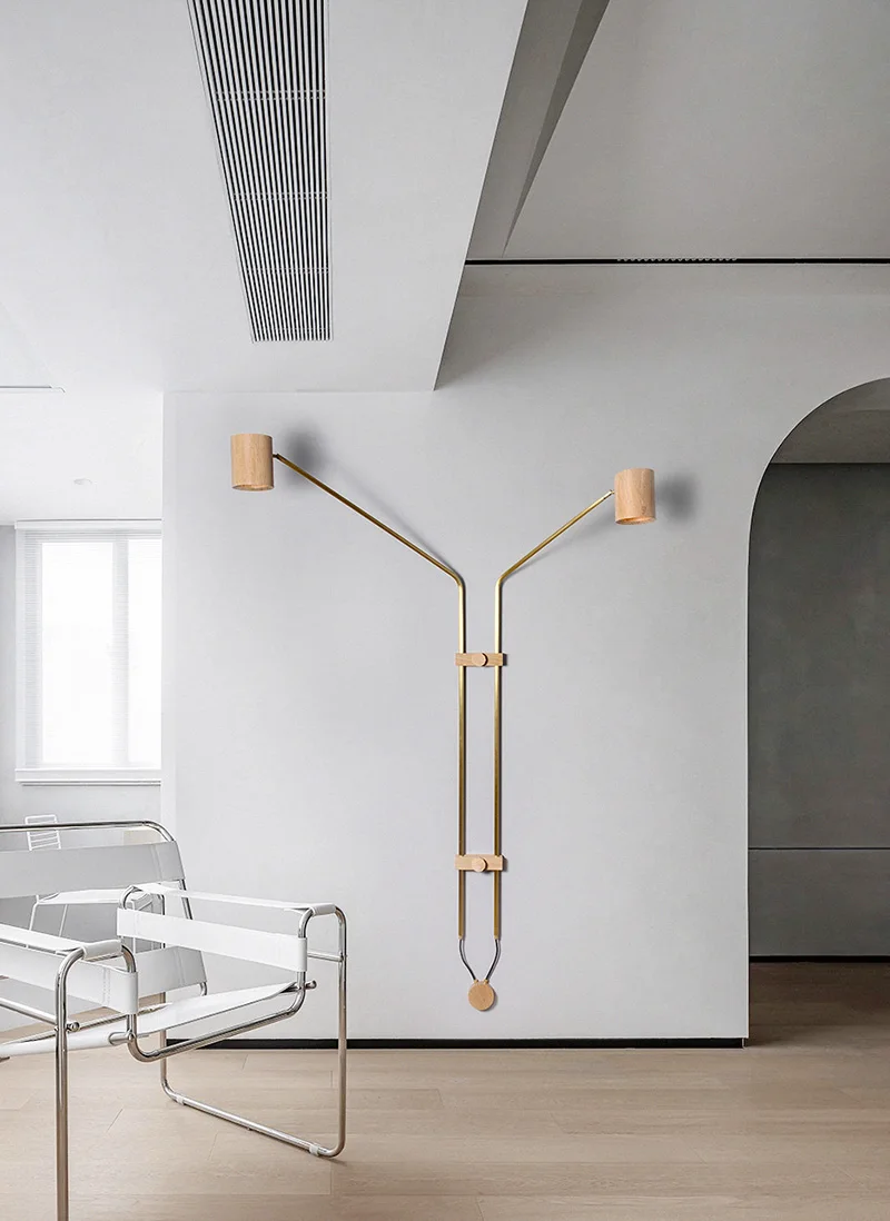 Luxury  Minimalism Oakwood Copper two heads large wall lamp for living room hotel lobby customized wall Lighting