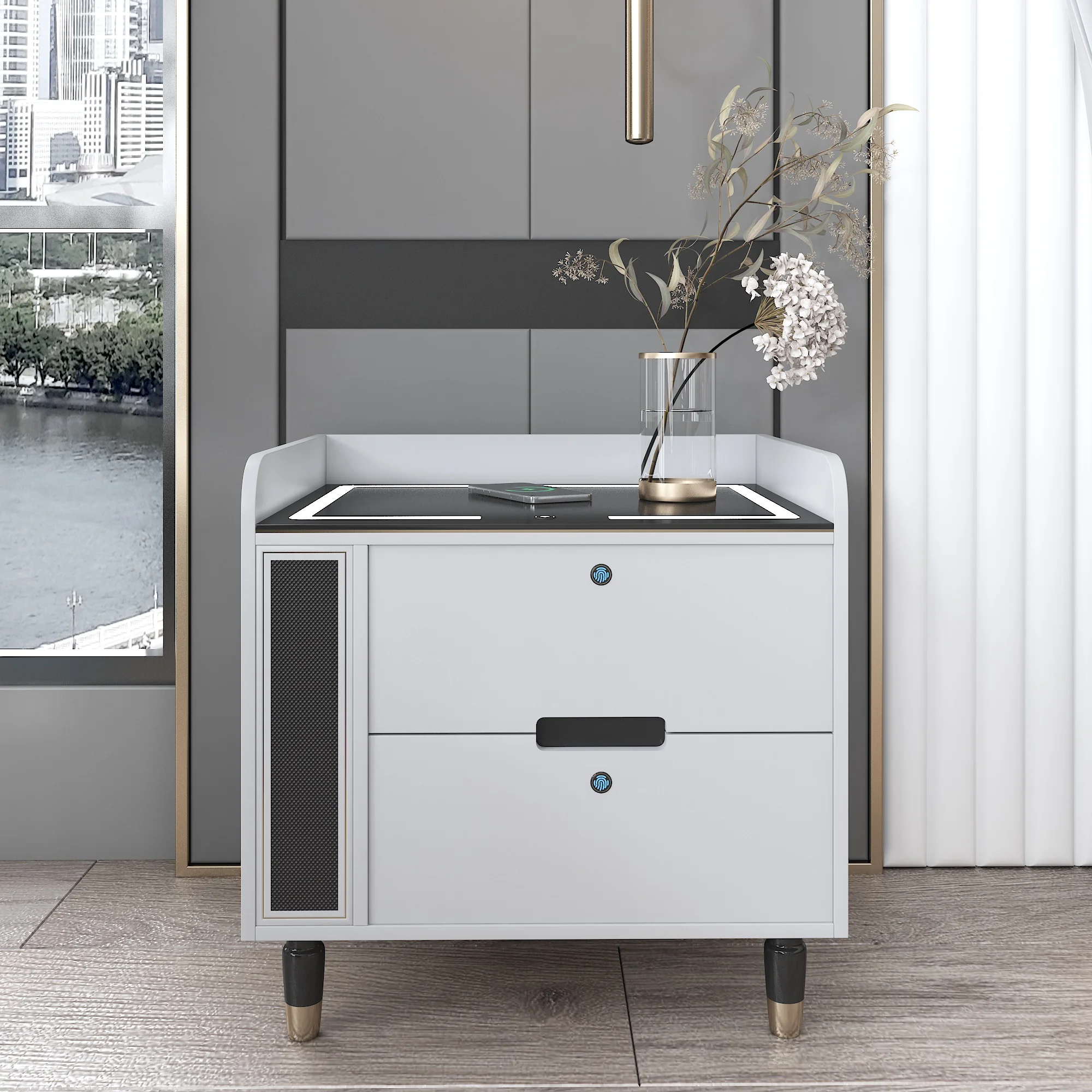 Simple Modern Fingerprint Lock Storage Bedside Table Smart Bedside Table with Wireless USB Charging
