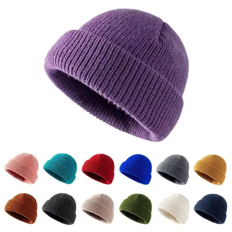 Wholesale Custom Logo Beanie Hats Embroidered Acrylic Knitted Cuff Beanie Short Melon Docker Fisherman Skull Cap Hat