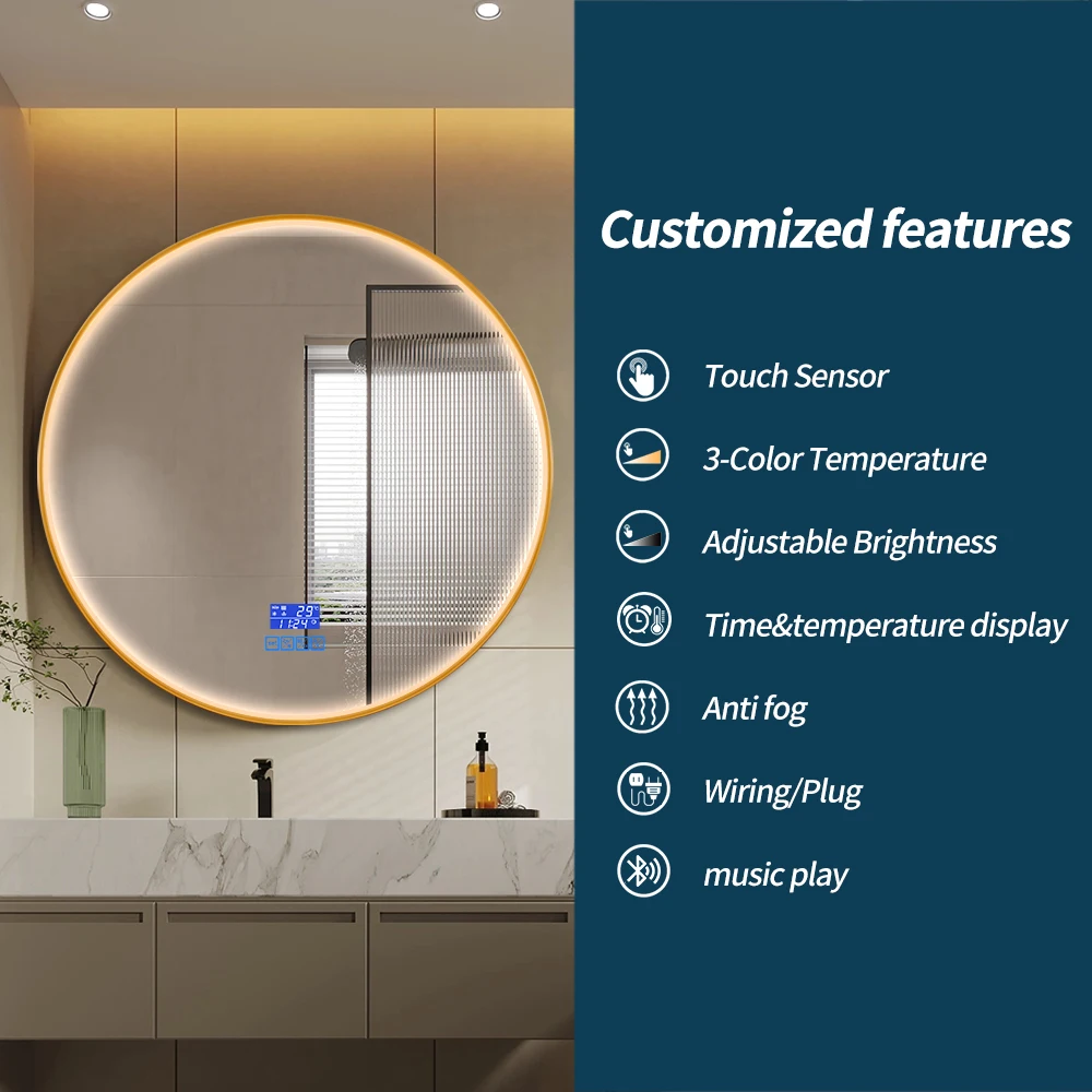 Bathroom Round Mirror With Gold Frame Luxury Hotel Smart Anti Fog Backlit Mirror Led Makeup Mirror Touch Screen