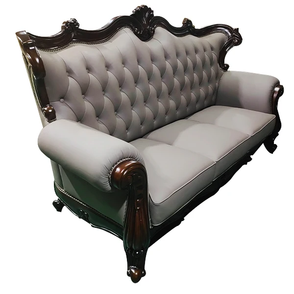 French luxury carved wooden frame 1 2 3 seater couch furniturse European classic leather upholstered living room sectional sofa