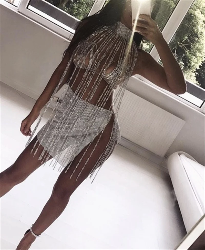 SH3694 Women Sexy Rhinestone Choker Halter Gold Silver Tassel Diamond Chain Necklace Jewelry Rhinestone Choker For Women