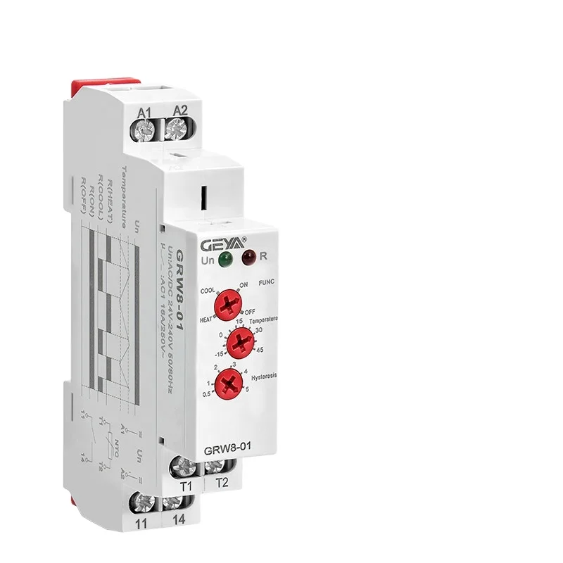 GEYA NEW GRW8-01 Din Rail Temperature Control Relay AC DC 24V-240V Wide Range Voltage With Waterproof Sensor