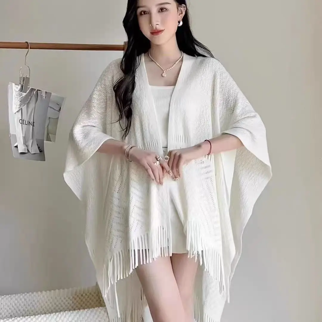 Женская Белая Шаль Qipao элегантная накидка-пончо с кисточками дорожная белая накидка