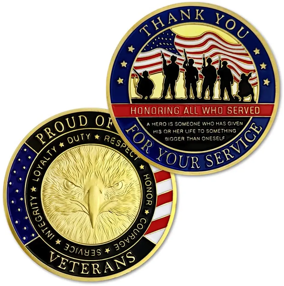 Custom Design Double Side 3D Antique Gold Soft Enamel Thank you for your Service American Metal Appreciation Challenge Coin