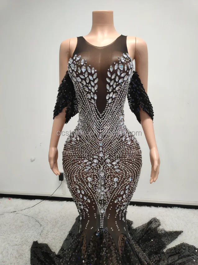 Ocstrade Manufacturers For Customs Clothes Black Rhinestone Sequin Luxury Sleeveless Hollow Out Dress Long Gowns Evening Dresses