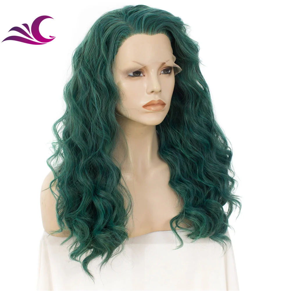 Celebrity Wholesale Anime Cosplay Wigs Dark Green Colour Heat Resistant Lace Synthetic Curly Hair Lace Wigs for Drag Queen