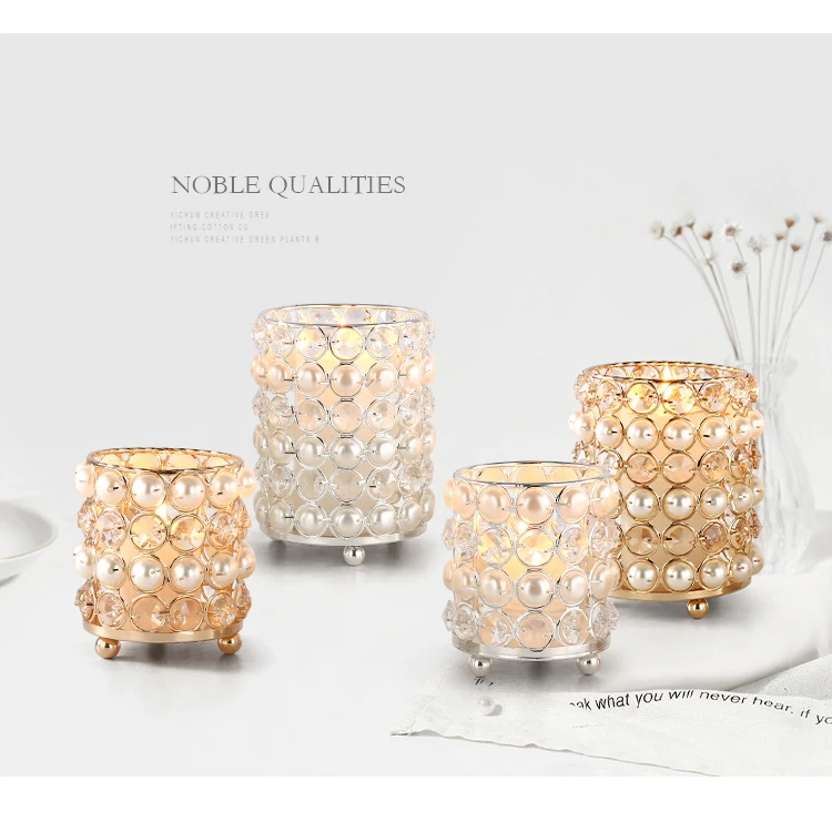 
Wholesale Iron Votive Metal Small Crystal Beaded Candle Holder With Pillar 