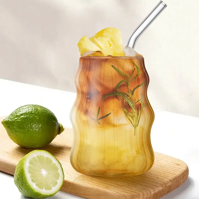 Ribbed Glasses Clear Boba Tumbler Insulated Double Mug Sublimation Cappuccino Coffee Glass Cups With Bamboo Lid and Straw