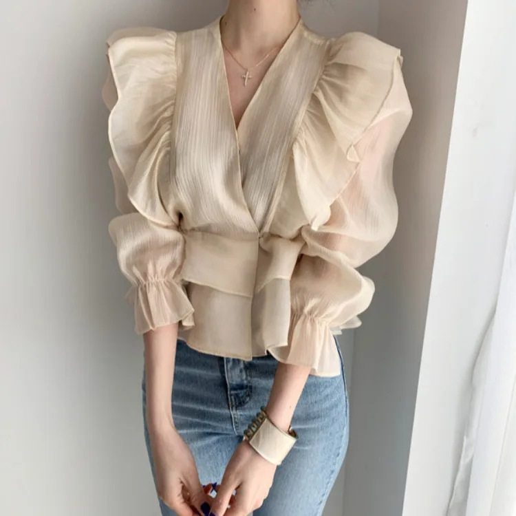 Easygarment в Корейском стиле блузка женская гофрированная рубашка с треугольным вырезом; Сезон весна-лето; 2021 в новом дизайне пояс для похудения шифоновая рубашка Топ для женщин