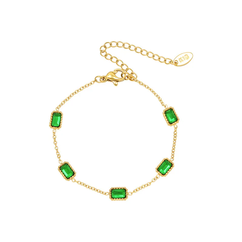 Japan and Korea bracelet square inlaid emerald green zircon stainless steel plated 18K gold bracelet