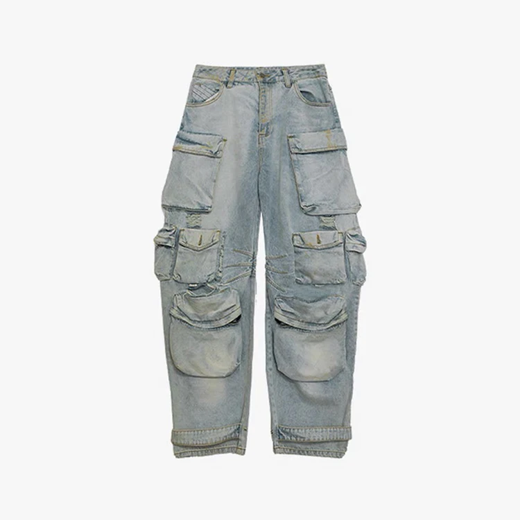 custom Logo OEM ODM baggy loose cargo jeans men with multi pockets distressed washed jeans men denim cargo pants