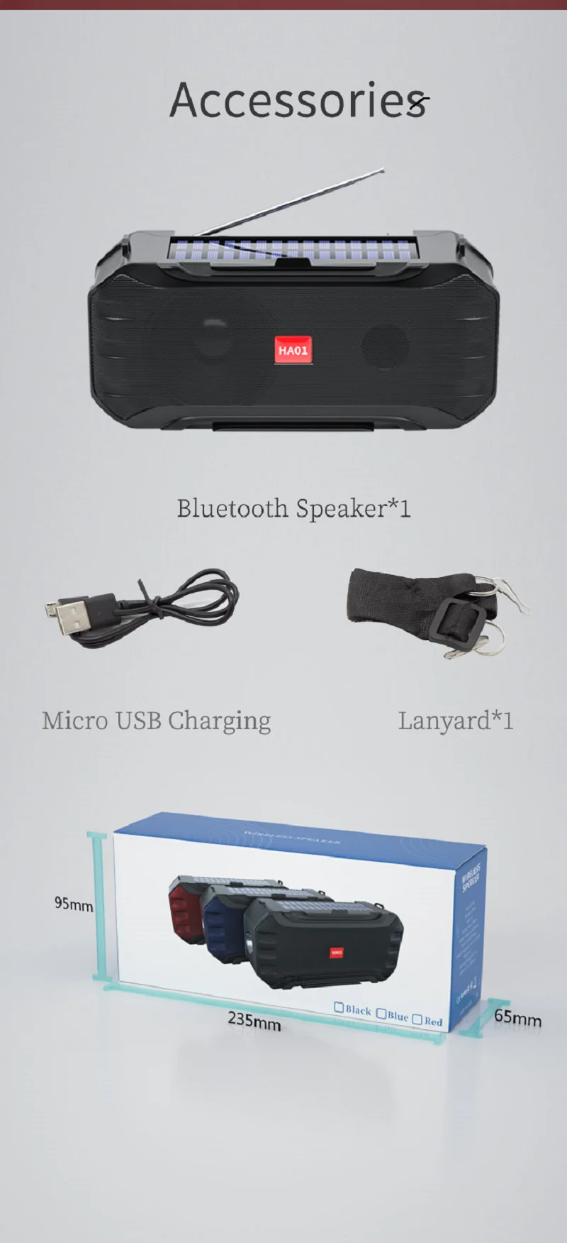 hot selling HA01 wireless speaker with solar charging outdoor portable with FM radio flash light torch tf card music play