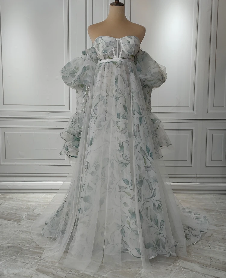 14509#Tulle Printed Maternity Dress For Photoshoot Removable Sleeve Floor-Length Pregnant Evening Gowns with Back Lace-Up 2023