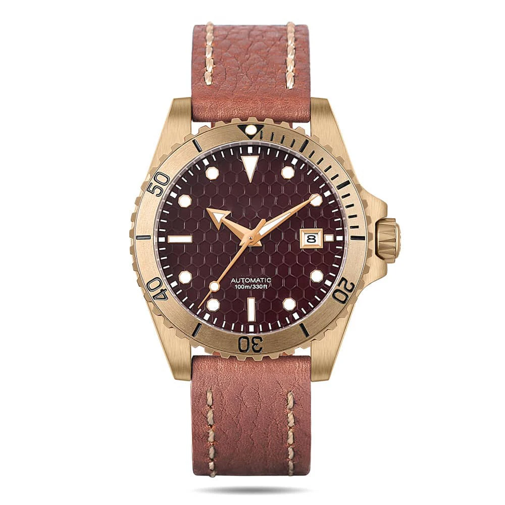 NH35 Perpetual Calendar Clean Cusn8 Bronze Watch Men Mechanical Automatic Leather