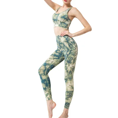 2021 New Seamless Yoga Suit Women Tie-dye Yoga Set Printed Fitness Pants Sportswear Suit