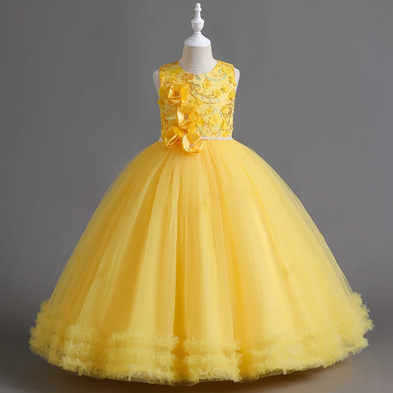Kids Communion Ball Gown Party Birthday Evening Frocks Yellow Gold Prom Bridesmaid Pageant Maxi Dresses For 4-15 Years XZ100