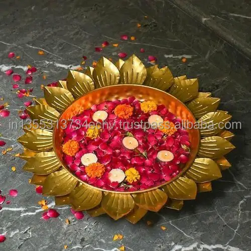Metal Golden Flower Style Urli Bowl For Center Decor Wedding Decor Lotus Style Brass Floor Standing Metal Candle Holder