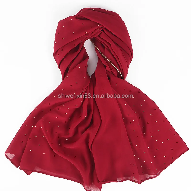 Factory Direct Sale Glitter Muslim Hijab Scarf Women Rhinestone Summer Solid Color Soft Wrinkle Shiny Satin Long Hijab Shawl