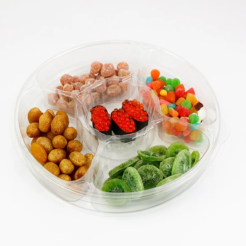 13 Inch Disposable Divided Plastic Food Tray Platter Appetizer Tray With Lid Round Plastic Serving Tray