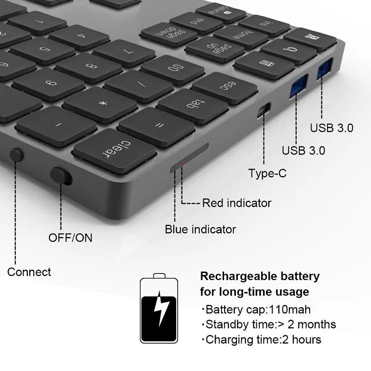 Factory Slim 34 keys BT Compatible Number Keypad With USB HUB Aluminum Wireless Numeric Keyboard