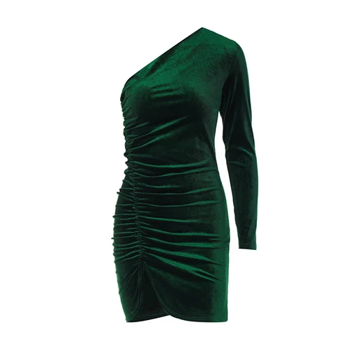 Vintage Elegant Green Velvet Dress Single Sleeve Slim Fit Pleated Wrapped Hip Dress for Women