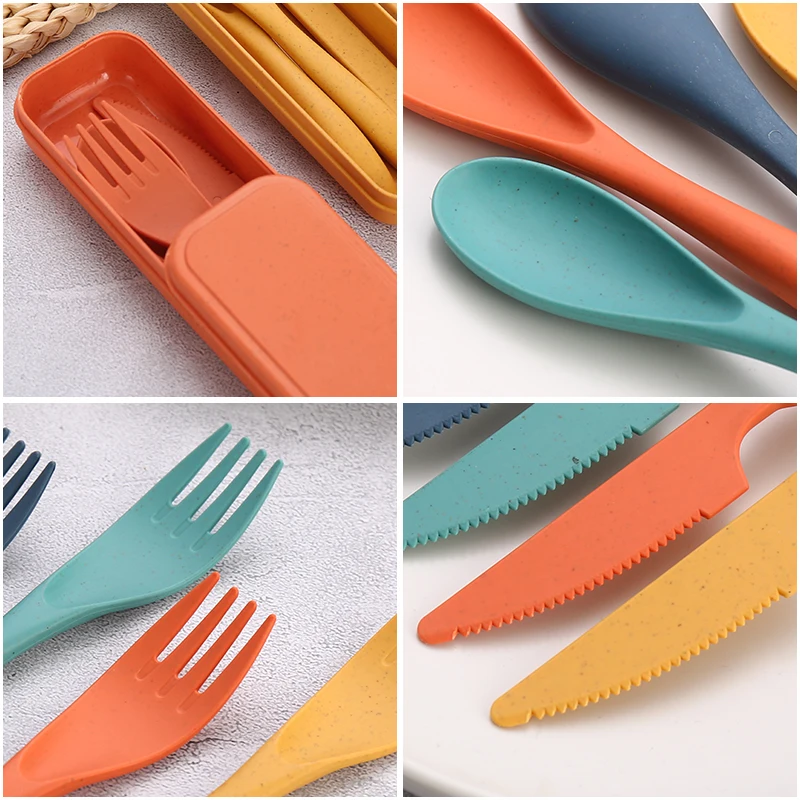 Amazon New Color Eco-friendly Cutlery Wheat Straw BPA Free Plastic Knife Spoon Fork Cutlery Set with Portable Box